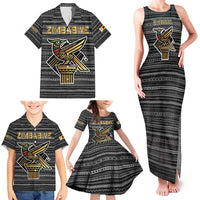 Zimbabwean Bird Statue Family Matching Tank Maxi Dress and Hawaiian Shirt Tribal Pattern with National Flag Patch and Heritage Symbol
