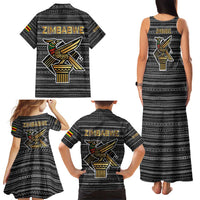 Zimbabwean Bird Statue Family Matching Tank Maxi Dress and Hawaiian Shirt Tribal Pattern with National Flag Patch and Heritage Symbol