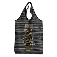 Zimbabwean Bird Statue Grocery Bag Tribal Pattern with National Flag Patch and Heritage Symbol