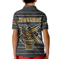 Zimbabwean Bird Statue Kid Polo Shirt Tribal Pattern with National Flag Patch and Heritage Symbol
