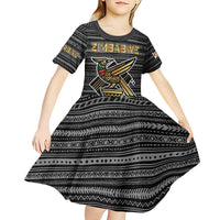Zimbabwean Bird Statue Kid Short Sleeve Dress Tribal Pattern with National Flag Patch and Heritage Symbol
