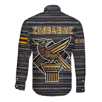 Zimbabwean Bird Statue Long Sleeve Button Shirt Tribal Pattern with National Flag Patch and Heritage Symbol