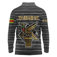 Zimbabwean Bird Statue Long Sleeve Polo Shirt Tribal Pattern with National Flag Patch and Heritage Symbol