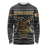 Zimbabwean Bird Statue Long Sleeve Shirt Tribal Pattern with National Flag Patch and Heritage Symbol