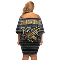 Zimbabwean Bird Statue Off Shoulder Short Dress Tribal Pattern with National Flag Patch and Heritage Symbol