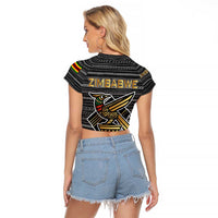 Zimbabwean Bird Statue Raglan Cropped T Shirt Tribal Pattern with National Flag Patch and Heritage Symbol