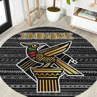 Zimbabwean Bird Statue Round Carpet Tribal Pattern with National Flag Patch and Heritage Symbol