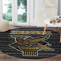Zimbabwean Bird Statue Round Carpet Tribal Pattern with National Flag Patch and Heritage Symbol