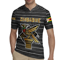 Zimbabwean Bird Statue Rugby Jersey Tribal Pattern with National Flag Patch and Heritage Symbol