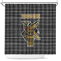 Zimbabwean Bird Statue Shower Curtain Tribal Pattern with National Flag Patch and Heritage Symbol