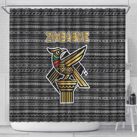 Zimbabwean Bird Statue Shower Curtain Tribal Pattern with National Flag Patch and Heritage Symbol