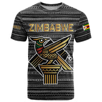 Zimbabwean Bird Statue T Shirt Tribal Pattern with National Flag Patch and Heritage Symbol
