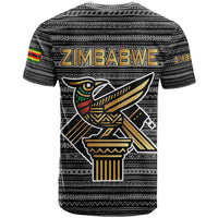 Zimbabwean Bird Statue T Shirt Tribal Pattern with National Flag Patch and Heritage Symbol