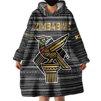 Zimbabwean Bird Statue Wearable Blanket Hoodie Tribal Pattern with National Flag Patch and Heritage Symbol