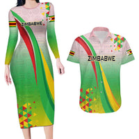 Zimbabwe Vibe Couples Matching Long Sleeve Bodycon Dress and Hawaiian Shirt Tribal-Inspired Background with Geometric Flag Color Design