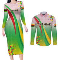 Zimbabwe Vibe Couples Matching Long Sleeve Bodycon Dress and Long Sleeve Button Shirt Tribal-Inspired Background with Geometric Flag Color Design