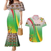 Zimbabwe Vibe Couples Matching Mermaid Dress and Hawaiian Shirt Tribal-Inspired Background with Geometric Flag Color Design