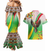 Zimbabwe Vibe Couples Matching Mermaid Dress and Hawaiian Shirt Tribal-Inspired Background with Geometric Flag Color Design