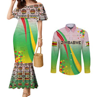 Zimbabwe Vibe Couples Matching Mermaid Dress and Long Sleeve Button Shirt Tribal-Inspired Background with Geometric Flag Color Design