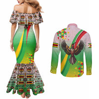 Zimbabwe Vibe Couples Matching Mermaid Dress and Long Sleeve Button Shirt Tribal-Inspired Background with Geometric Flag Color Design