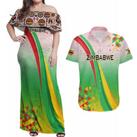 Zimbabwe Vibe Couples Matching Off Shoulder Maxi Dress and Hawaiian Shirt Tribal-Inspired Background with Geometric Flag Color Design