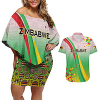 Zimbabwe Vibe Couples Matching Off Shoulder Short Dress and Hawaiian Shirt Tribal-Inspired Background with Geometric Flag Color Design