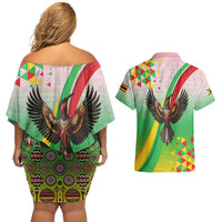 Zimbabwe Vibe Couples Matching Off Shoulder Short Dress and Hawaiian Shirt Tribal-Inspired Background with Geometric Flag Color Design