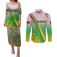 Zimbabwe Vibe Couples Matching Puletasi and Long Sleeve Button Shirt Tribal-Inspired Background with Geometric Flag Color Design