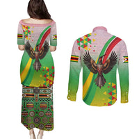 Zimbabwe Vibe Couples Matching Puletasi and Long Sleeve Button Shirt Tribal-Inspired Background with Geometric Flag Color Design
