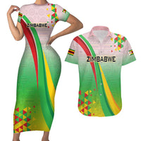 Zimbabwe Vibe Couples Matching Short Sleeve Bodycon Dress and Hawaiian Shirt Tribal-Inspired Background with Geometric Flag Color Design