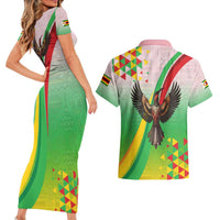Zimbabwe Vibe Couples Matching Short Sleeve Bodycon Dress and Hawaiian Shirt Tribal-Inspired Background with Geometric Flag Color Design