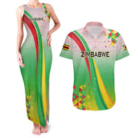 Zimbabwe Vibe Couples Matching Tank Maxi Dress and Hawaiian Shirt Tribal-Inspired Background with Geometric Flag Color Design