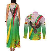 Zimbabwe Vibe Couples Matching Tank Maxi Dress and Long Sleeve Button Shirt Tribal-Inspired Background with Geometric Flag Color Design