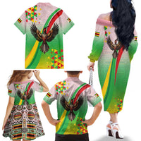 Zimbabwe Vibe Family Matching Off The Shoulder Long Sleeve Dress and Hawaiian Shirt Tribal-Inspired Background with Geometric Flag Color Design