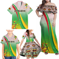 Zimbabwe Vibe Family Matching Off Shoulder Maxi Dress and Hawaiian Shirt Tribal-Inspired Background with Geometric Flag Color Design