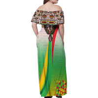 Zimbabwe Vibe Family Matching Off Shoulder Maxi Dress and Hawaiian Shirt Tribal-Inspired Background with Geometric Flag Color Design