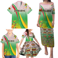 Zimbabwe Vibe Family Matching Puletasi and Hawaiian Shirt Tribal-Inspired Background with Geometric Flag Color Design