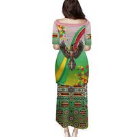 Zimbabwe Vibe Family Matching Puletasi and Hawaiian Shirt Tribal-Inspired Background with Geometric Flag Color Design