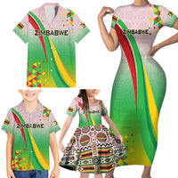 Zimbabwe Vibe Family Matching Short Sleeve Bodycon Dress and Hawaiian Shirt Tribal-Inspired Background with Geometric Flag Color Design