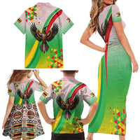 Zimbabwe Vibe Family Matching Short Sleeve Bodycon Dress and Hawaiian Shirt Tribal-Inspired Background with Geometric Flag Color Design