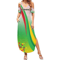 Zimbabwe Vibe Family Matching Summer Maxi Dress and Hawaiian Shirt Tribal-Inspired Background with Geometric Flag Color Design