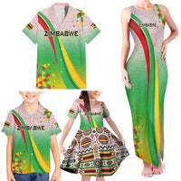 Zimbabwe Vibe Family Matching Tank Maxi Dress and Hawaiian Shirt Tribal-Inspired Background with Geometric Flag Color Design