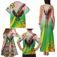 Zimbabwe Vibe Family Matching Tank Maxi Dress and Hawaiian Shirt Tribal-Inspired Background with Geometric Flag Color Design