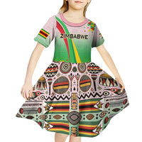 Zimbabwe Vibe Kid Short Sleeve Dress Tribal-Inspired Background with Geometric Flag Color Design