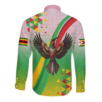 Zimbabwe Vibe Long Sleeve Button Shirt Tribal-Inspired Background with Geometric Flag Color Design