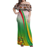 Zimbabwe Vibe Off Shoulder Maxi Dress Tribal-Inspired Background with Geometric Flag Color Design