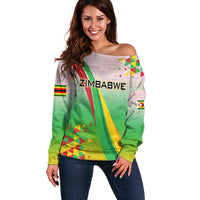 Zimbabwe Vibe Off Shoulder Sweater Tribal-Inspired Background with Geometric Flag Color Design