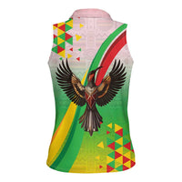 Zimbabwe Vibe Women Sleeveless Polo Shirt Tribal-Inspired Background with Geometric Flag Color Design