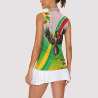 Zimbabwe Vibe Women Sleeveless Polo Shirt Tribal-Inspired Background with Geometric Flag Color Design