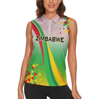 Zimbabwe Vibe Women Sleeveless Polo Shirt Tribal-Inspired Background with Geometric Flag Color Design